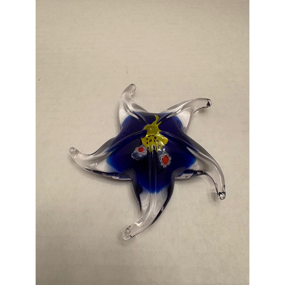 Art Glass Starfish Paperweight‎ Cobalt Blue Yellow Millefiori Coastal Decor 5.5"